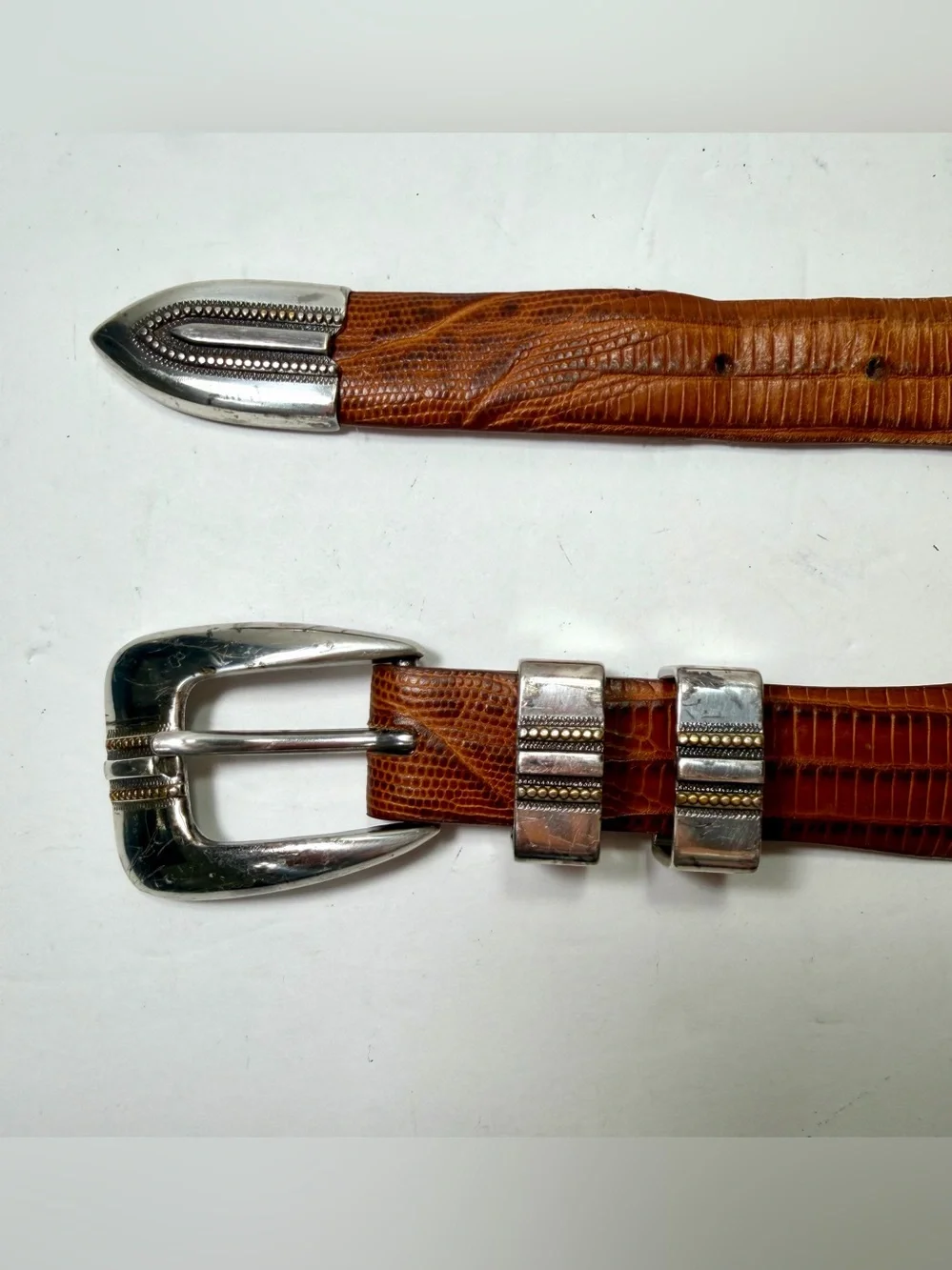 Vintage Italian Calfskin Leather Ranger Belt 38 Lizard Embossed Cognac Brown Y2K